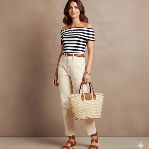 Banana Republic Off-Shoulder Cotton Ribbed Nautical Striped Top Navy White Sz S - Picture 10 of 13